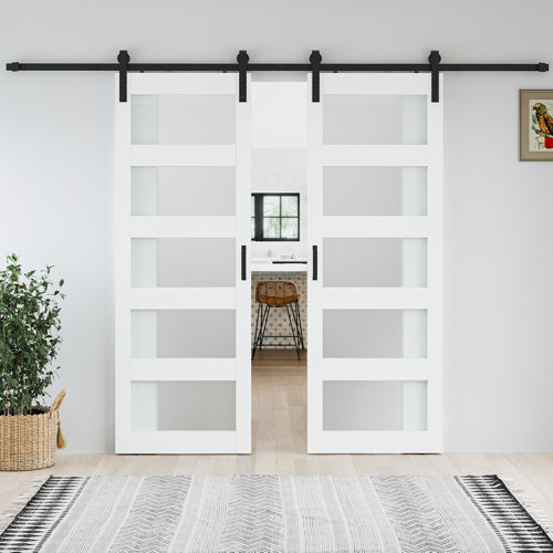SMARTSTANDARD Glass Paneled Double Sliding Barn Door With Installation